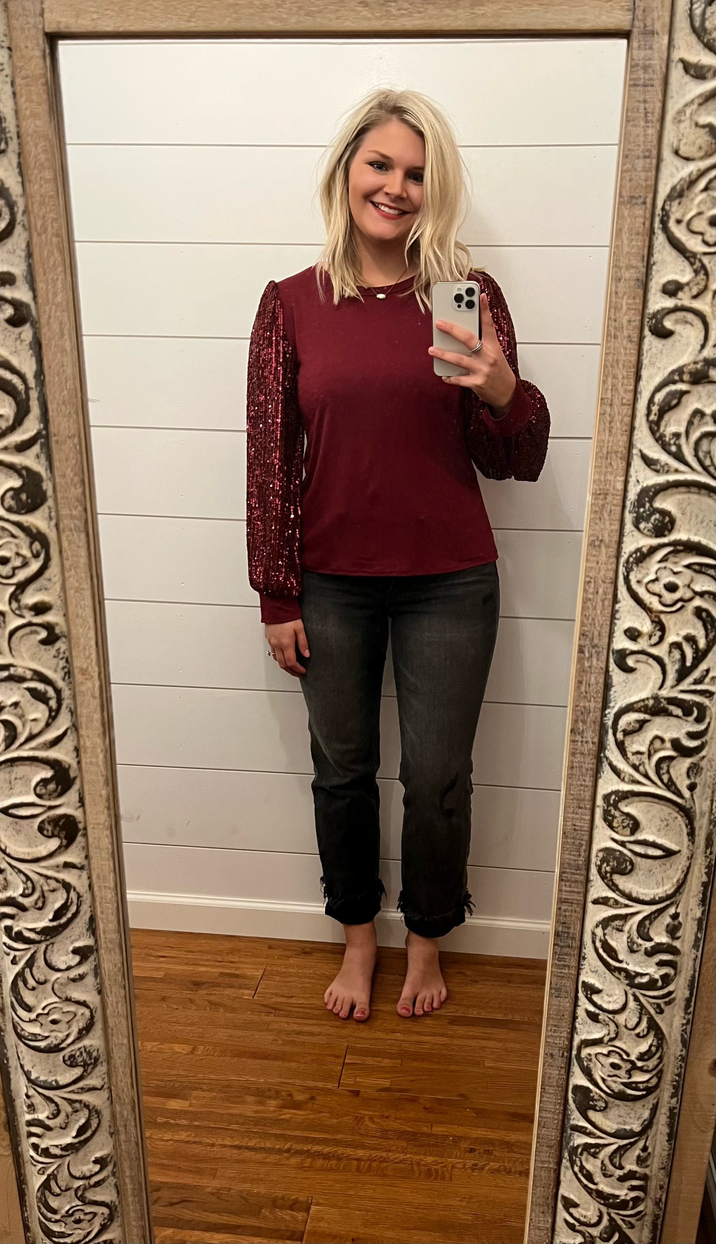 Wine Sequin Long Sleeve Top