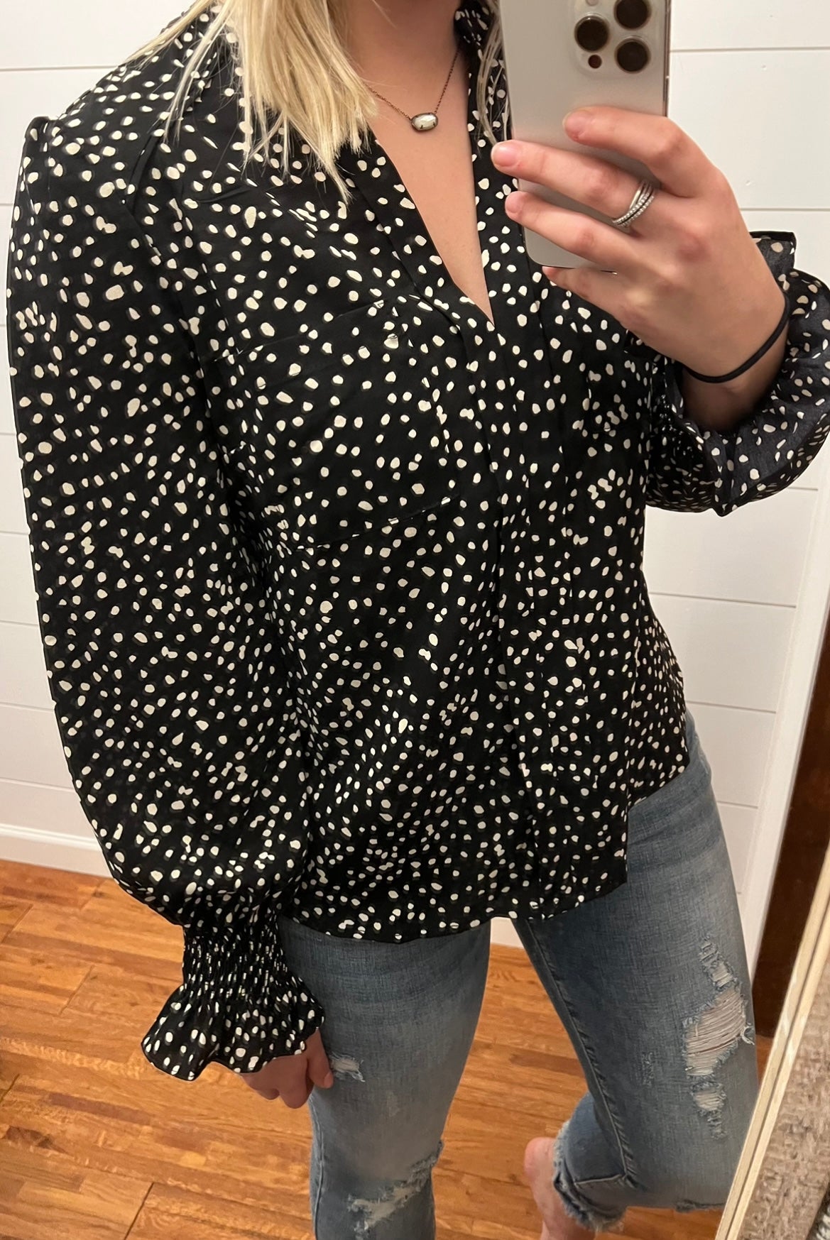 White & Black Spotted Long Sleeve Blouse